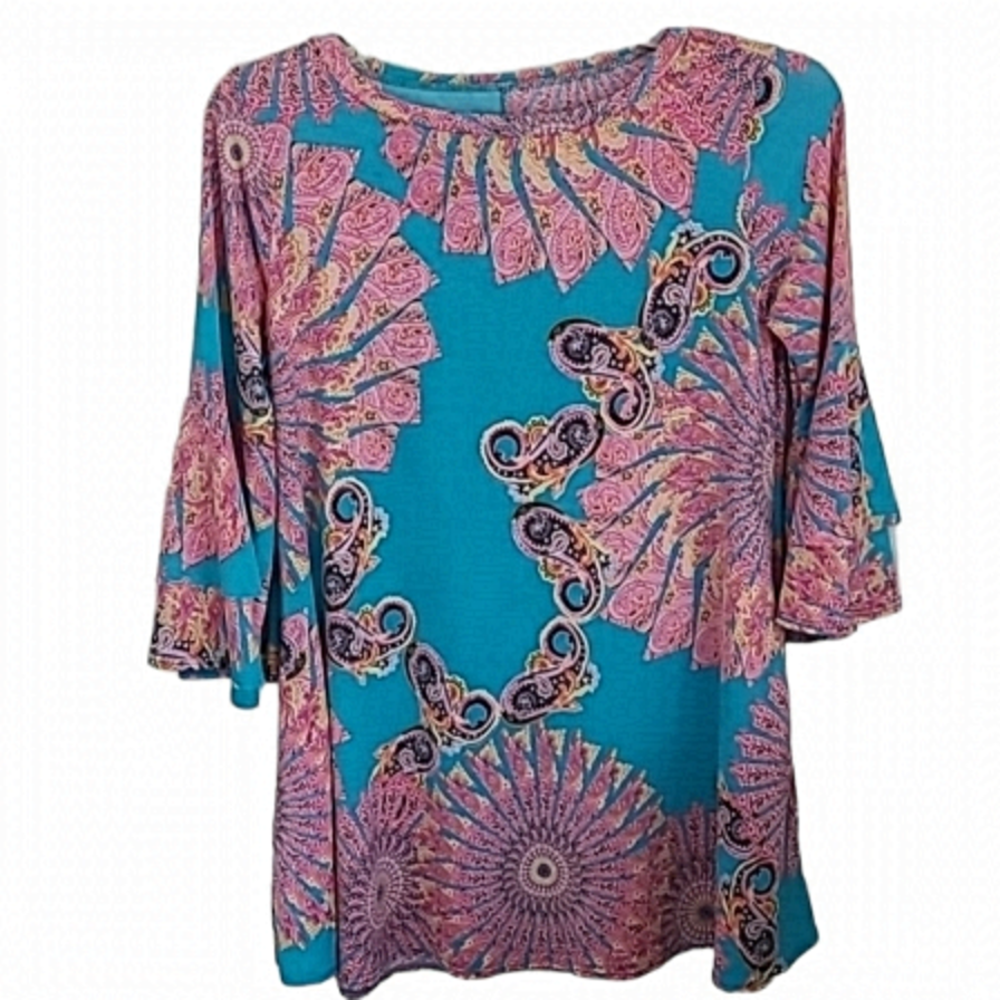 PINK & Teal Paisley Tunic Top with Bell Sleeves & Pockets Size Small